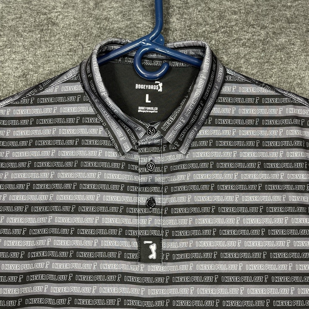 Bogey Bros Golf Polo Shirt Mens L Black Gray‎ I Never Pull Out Performance